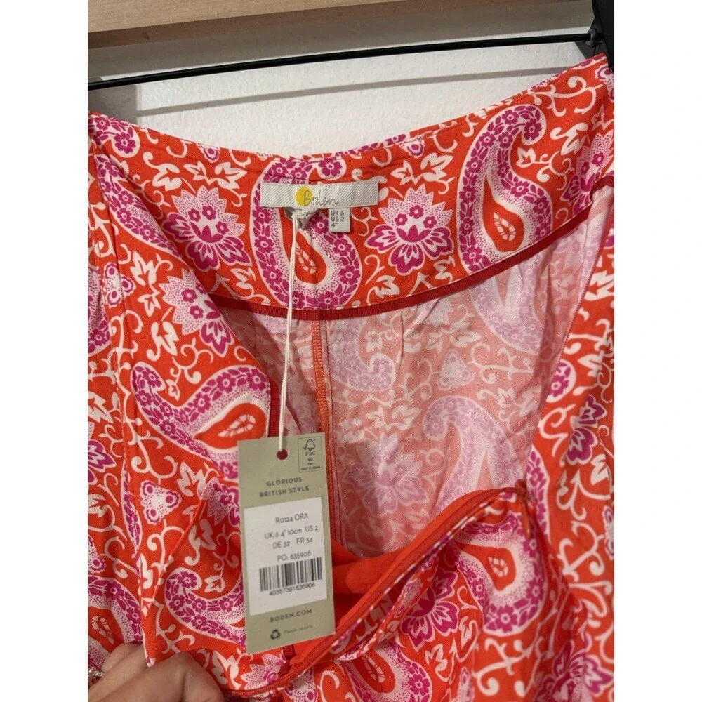 Boden Orange Paisley Print Ruched Waistband Shorts Size 2 NWT Spring Colorful